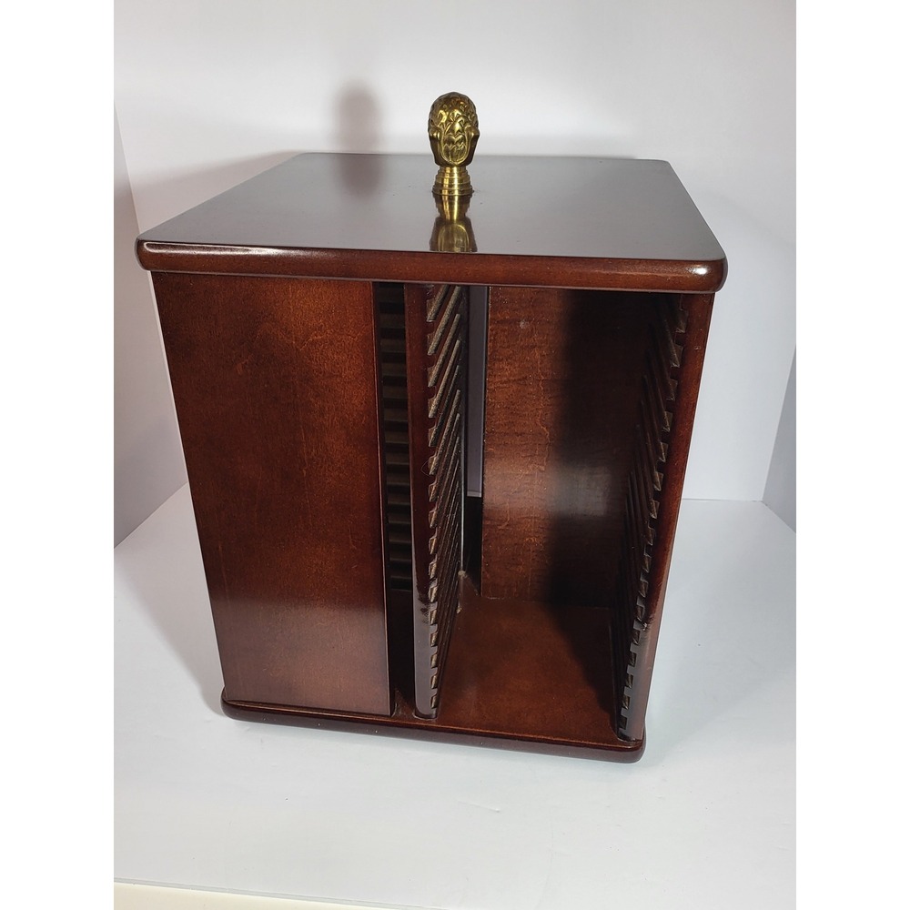 Vintage Bombay Company Rotating Wood CD Storage Tower Brass Finial Swivel Rack